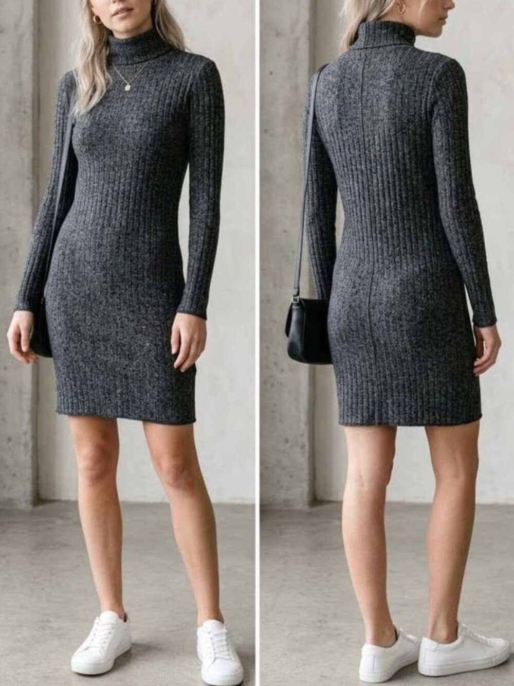 Wilfred Free Aritzia Charcoal Grey Ribbed Tunic Turtleneck Sweater Dress, S